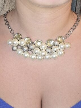Silver Pearl Cluster Statement Necklace - Unbranded